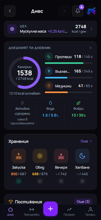 Началният екран на PRChase: калории, макроси, вода и хранения за деня